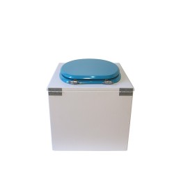Toilette sèche de couleur blanche complète avec seau plastique 22L, bavette inox, abattant bleu turquoise