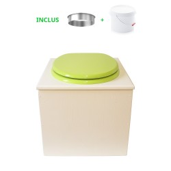 Toilette sèche de couleur blanche complète avec seau plastique 22L, bavette inox, abattant vert