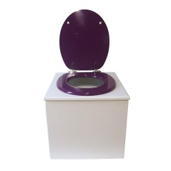 Toilette sèche de couleur blanche complète avec seau plastique 22L, bavette inox, abattant violet
