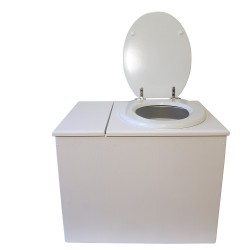 Toilette sèche en bois blanc avec bac intégré. Livré avec bavette inox et seau 22 litres. abattant blanc. modèle rehaussé PMR