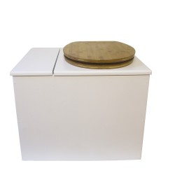 Toilette sèche en bois blanc avec bac intégré. Livré avec bavette inox et seau 22 litres. abattant bambou. modèle rehaussé PMR
