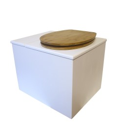 Toilette sèche en bois blanc avec bac intégré. Livré avec bavette inox et seau 22 litres. abattant bambou. modèle rehaussé PMR