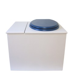Toilette sèche en bois blanc avec bac intégré. Livré avec bavette inox et seau 22 litres. abattant bleu. modèle rehaussé PMR