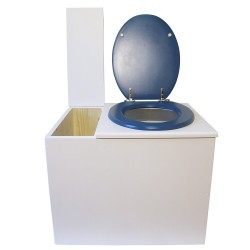 Toilette sèche en bois blanc avec bac intégré. Livré avec bavette inox et seau 22 litres. abattant bleu. modèle rehaussé PMR