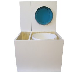 Toilette sèche en bois blanc avec bac intégré. Livré avec bavette inox et seau 22 L. abattant turquoise. modèle rehaussé PMR