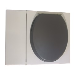 Toilette sèche en bois blanc avec bac intégré. Livré avec bavette inox et seau 22 L. abattant gris. modèle rehaussé PMR