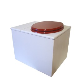 Toilette sèche en bois blanc avec bac intégré. Livré avec bavette inox et seau 22 L. abattant rouge. modèle rehaussé PMR