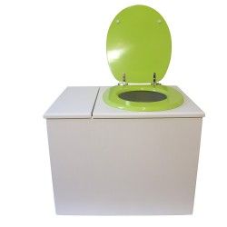Toilette sèche en bois blanc avec bac intégré. Livré avec bavette inox et seau 22 L. abattant vert. modèle rehaussé PMR