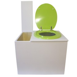 Toilette sèche en bois blanc avec bac intégré. Livré avec bavette inox et seau 22 L. abattant vert. modèle rehaussé PMR