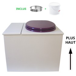 Toilette sèche en bois blanc avec bac intégré. Livré avec bavette inox et seau 22 L. abattant violet. modèle rehaussé PMR