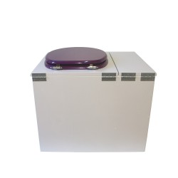 Toilette sèche en bois blanc avec bac intégré. Livré avec bavette inox et seau 22 L. abattant violet. modèle rehaussé PMR