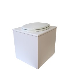 Toilette sèche en bois blanche avec seau plastique 22L, bavette inox, abattant blanc. Modèle rehaussé PMR