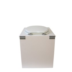 Toilette sèche en bois blanche avec seau plastique 22L, bavette inox, abattant blanc. Modèle rehaussé PMR