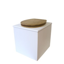 Toilette sèche en bois blanche avec seau plastique 22L, bavette inox, abattant bambou. Modèle rehaussé PMR