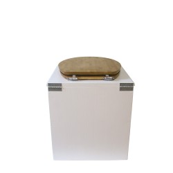 Toilette sèche en bois blanche avec seau plastique 22L, bavette inox, abattant bambou. Modèle rehaussé PMR