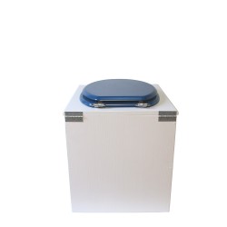 Toilette sèche en bois blanche avec seau plastique 22L, bavette inox, abattant bleu. Modèle rehaussé PMR