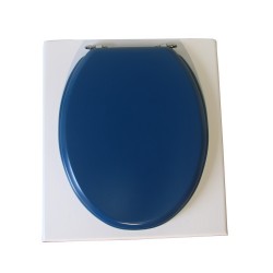 Toilette sèche en bois blanche avec seau plastique 22L, bavette inox, abattant bleu. Modèle rehaussé PMR