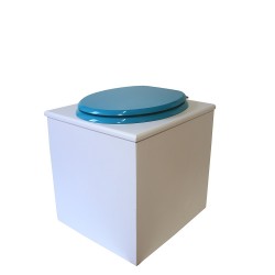 Toilette sèche en bois blanche avec seau plastique 22L, bavette inox, abattant turquoise. Modèle rehaussé PMR