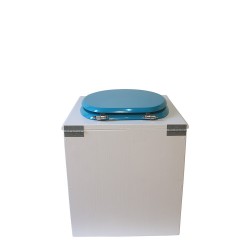 Toilette sèche en bois blanche avec seau plastique 22L, bavette inox, abattant turquoise. Modèle rehaussé PMR