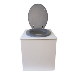 Toilette sèche en bois blanche avec seau plastique 22L, bavette inox, abattant gris. Modèle rehaussé PMR