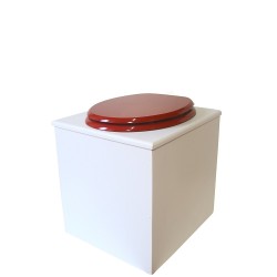 Toilette sèche en bois blanche avec seau plastique 22L, bavette inox, abattant rouge. Modèle rehaussé PMR