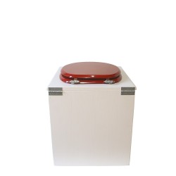 Toilette sèche en bois blanche avec seau plastique 22L, bavette inox, abattant rouge. Modèle rehaussé PMR