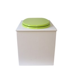 Toilette sèche en bois blanche avec seau plastique 22L, bavette inox, abattant vert. Modèle rehaussé PMR