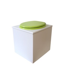 Toilette sèche en bois blanche avec seau plastique 22L, bavette inox, abattant vert. Modèle rehaussé PMR