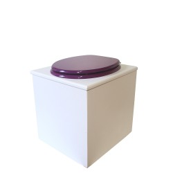 Toilette sèche en bois blanche avec seau plastique 22L, bavette inox, abattant violet. Modèle rehaussé PMR
