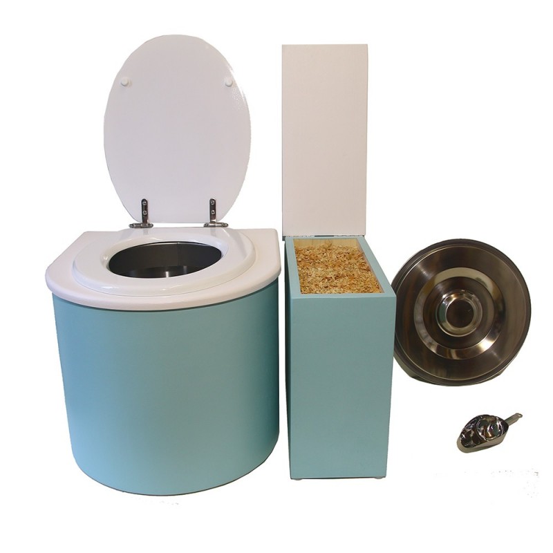 Toilette sèche en bois arrondie icerberg avec seau inox et bavette inox. Abattant bois blanc + bac + couvercle + pelle inox