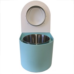 Toilette sèche arrondie bleu glacier / blanc avec seau inox