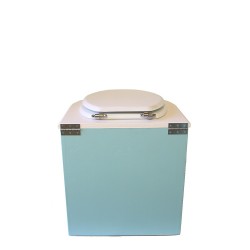 Toilette sèche rehaussée arrondie bleu glacier / blanc avec seau et bavette inox