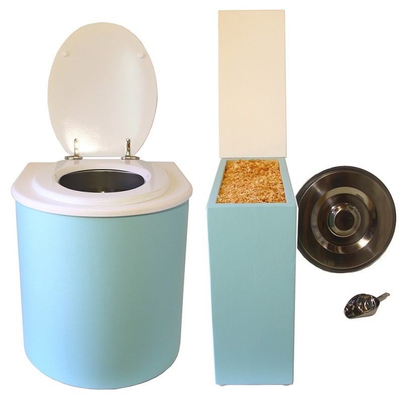 Toilette sèche rehaussée en bois arrondie avec seau et bavette inox. Abattant bois blanc + bac + couvercle + pelle inox