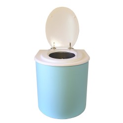Toilette sèche rehaussée en bois bleu glacier / blanc arrondie avec seau et bavette inox. Abattant bois blanc