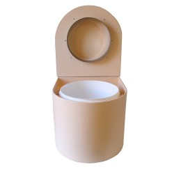 Toilette sèche en bois arrondie beige/sable avec seau plastique 22L, bavette inox, abattant bois beige sable