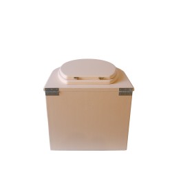 Toilette sèche en bois arrondie beige/sable avec seau plastique 22L, bavette inox, abattant bois beige sable