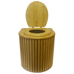 Toilette sèche rehaussée en bois arrondie noire/huilé avec seau inox, bavette inox, abattant bois huilé - PMR