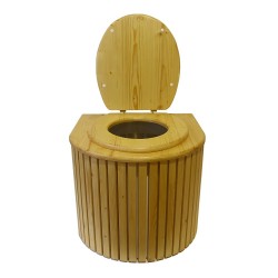 Toilette sèche en bois arrondie blanc/huilé avec seau inox, bavette inox, abattant bois huilé