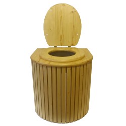 Toilette sèche rehaussée en bois arrondie blanc/huilé avec seau inox, bavette inox, abattant bois huilé - PMR