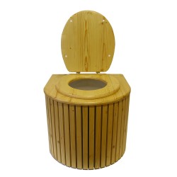 Toilette sèche en bois arrondie noire/huilé avec seau plastique 22 L, bavette inox, abattant bois huilé