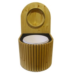Toilette sèche en bois arrondie noire/huilé avec seau plastique 22 L, bavette inox, abattant bois huilé