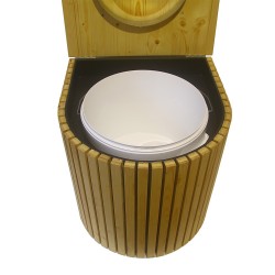 Toilette sèche rehaussée en bois arrondie noire/huilé avec seau plastique, bavette inox, abattant bois huilé - PMR