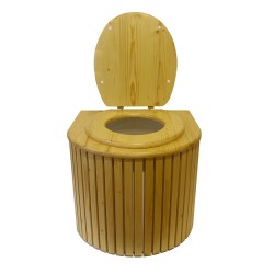 Toilette sèche en bois arrondie blanche/huilé avec seau plastique 22 L, bavette inox, abattant bois huilé