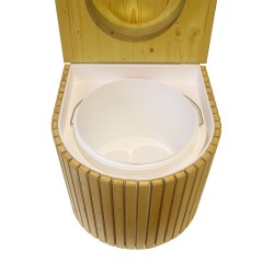 Toilette sèche en bois arrondie blanche/huilé avec seau plastique 22 L, bavette inox, abattant bois huilé