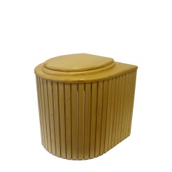 Toilette sèche rehaussée en bois arrondie blanc/huilé avec seau plastique, bavette inox, abattant bois huilé - PMR