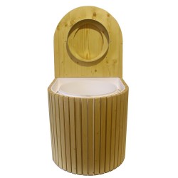 Toilette sèche rehaussée en bois arrondie blanc/huilé avec seau plastique, bavette inox, abattant bois huilé - PMR