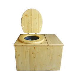 Toilette sèche huilée avec bac à copeaux de bois à droite, avec bavette inox et seau inox