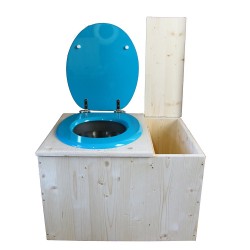 Toilette sèche avec bac à copeaux de bois à droite, abattant turquoise, bavette inox, seau inox