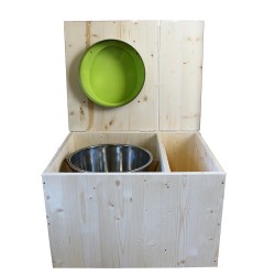 Toilette sèche avec bac à copeaux de bois à droite, abattant vert, bavette inox, seau inox