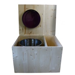 Toilette sèche avec bac à copeaux de bois à droite, abattant violet, bavette inox, seau inox